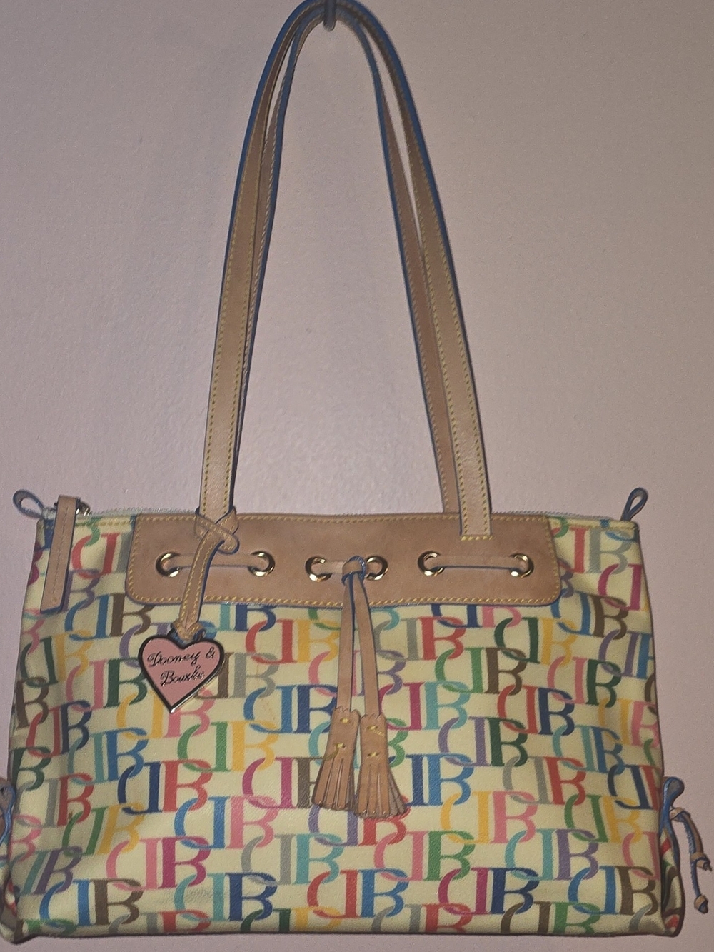Vintage Dooney & Bourke Multicolor Rainbow Logo Shoulder Bag Heart Charm